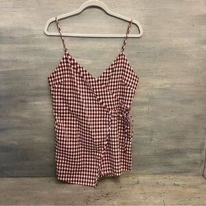 Super Down Burgundy White Check‎ Faux Wrap Romper Medium Like New
